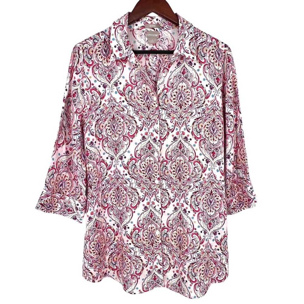 Chicos 100% Linen Sz 2 Large 12/14 Tropical Blouse Shirt Top Beach No Iron